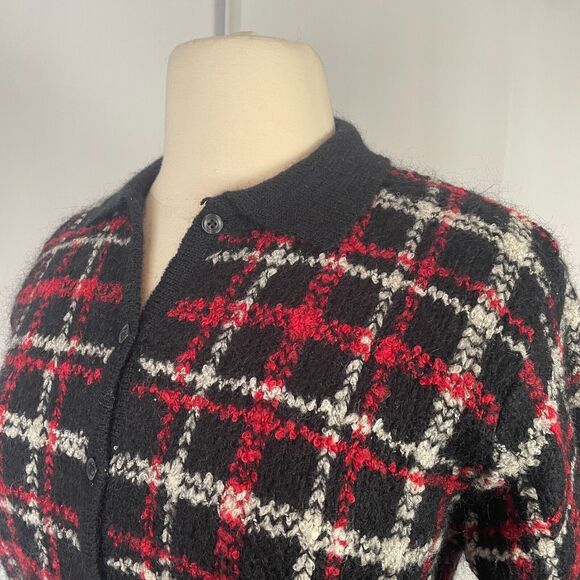 Vintage Cardigan Sweater Womens Size Large Black Red Check Plaid Mohair Wool 90s - Picture 6 of 11